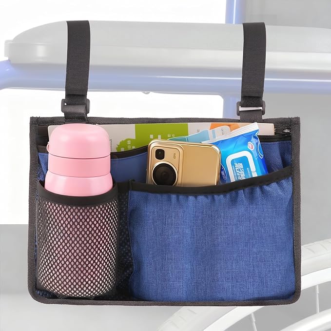 Wheelchair Side Bag, Waterproof Oxford Wheelchair Armrest Storage Pouch with Multiple Pockets, Durable Wheelchair Bags to Hang on Side for Most Wheelchairs, Walkers & Rollators(Blue)
