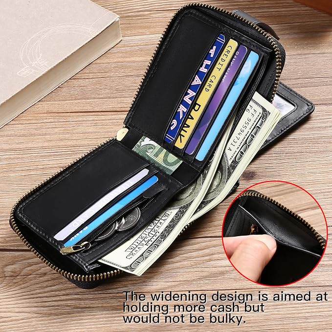GOIACII Zipper Wallet for Men Genuine Leather RFID Blocking Mens Wallet with Zipper Coin Pocket ID Window Zipper Wallets Large Capacity
