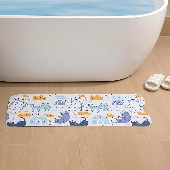 YINENN Bath and Shower Safety Mats 40x16 inch, Non Slip with Suction Cups for Bathroom Stall and Tub Floor, Extra Large and Machine Washable, Drain Holes Keep Bathtub Clean, Colored Cats