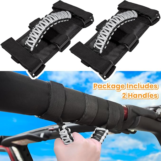 E-cowlboy Roll Bar Grab Handles Grip Handle for Jeep Wrangler JK JKU JL JLU TJ YJ Sports Sahara Freedom Rubicon Unlimited Gladiator JT 1955-2023 UTV ATV Accessories Premium 550 Paracord (Gray 2 Pack)