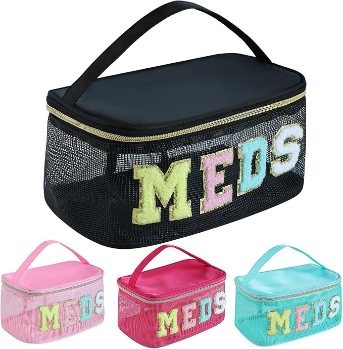 Medicine Bag, Portable Meds Bag with Chenille Letters, Breathable Mesh Makeup Bag Organizer for Travel, Pill Storage & Cosmetic Collection