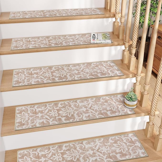Lahome Carpet Stair Treads Non Slip Backing, 15 Pack 8" X 30" Stair Treads for Wooden Steps Indoor, Soft Washable Stairway Stair Runners Oriental Staircase Rugs for Kids Pets Elders(15pc, Beige)