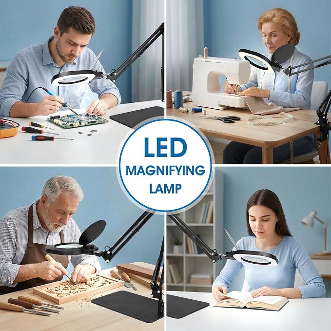 LIONVISON Magnifying Glass with Light and Stand: 27 Inch Extra Long Arm | 10X Magnifying Lamp - Stepless Dimmable & Color Temperature LED Lighted Magnifier Clamp Magnifier for Reading Close Work