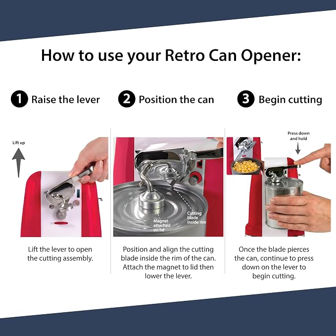 Nostalgia Retro Electric Can Opener for Kitchen with Magnetic Lid Remover, Knife Sharpener, and Soda or Beer Bottle Opener, Red
