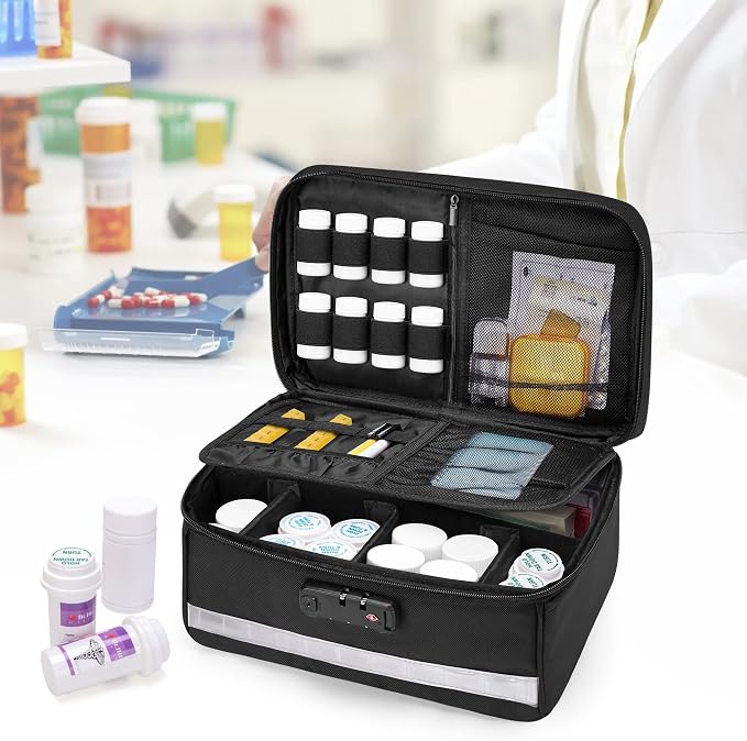 Damero Locking Pill Bottle Organizer with Inner Dividers, Black | Medicine Storage and Organizer Bag Combination Lock, Medicine Lock Bag for Medicine, Vitamins and Medical Supplies