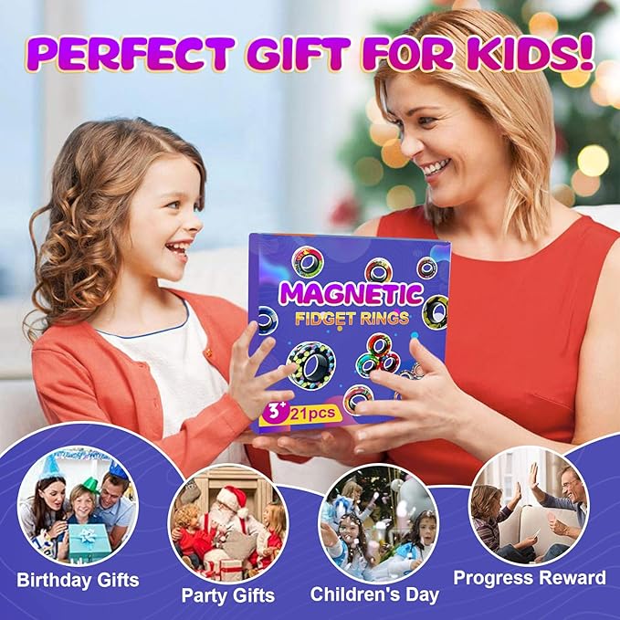 21 Pcs Magnetic Rings Fidget Toys Set Christmas Decorations Finger Magnet Rings ADHD Anxiety Fidget Spinner Rings for Relief Birthday Present for Adults Teens Kids