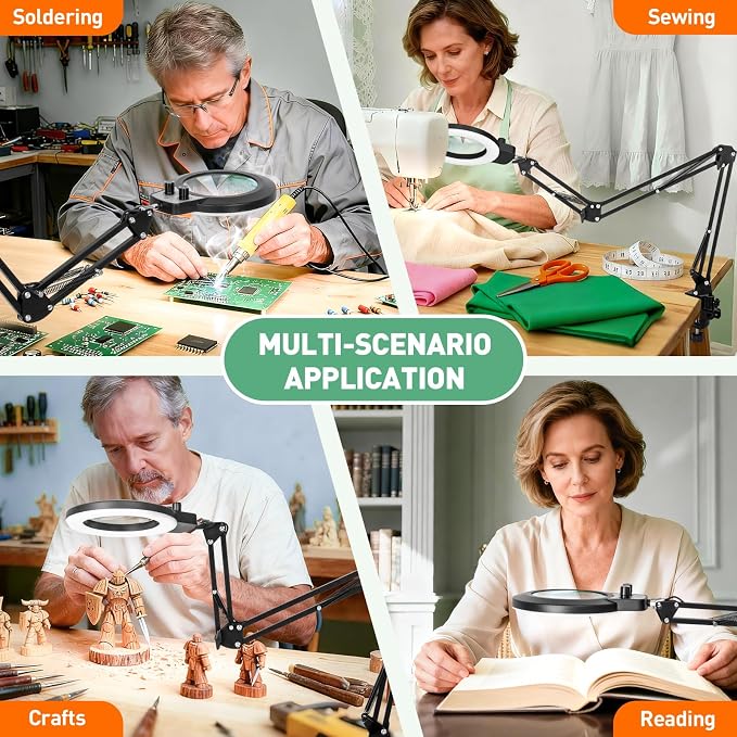 12X Magnifying Glass with Light with Clamp, 35in Extended Long Arm | Overhead Dual Knob Magnifier Lamp 4.2in Real Glass, Adjustable Color Brightness, For Workbench, Craft, Repair, Close Work