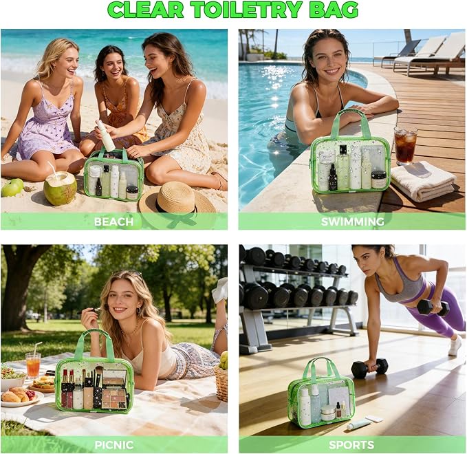 Large Clear Makeup Bag 12x5x8 Green Star Pattern - Waterproof PVC Travel Cosmetic Organizer with Handle, Durable Transparent Toiletry Case for Women Girls Travel Gym Beach Storage