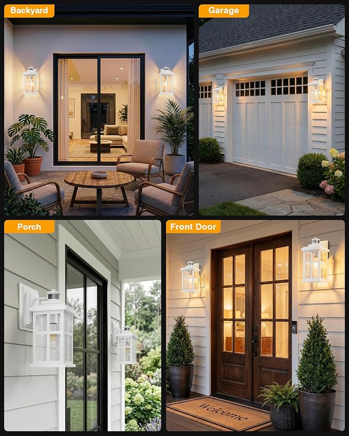 VIANIS Large White Outdoor Lights for House, Modern Exterior Light Fixtures | Outdoor Motion Sensor Light Wall Mount, 100% Aluminum Waterproof Outdoor Wall Sconce Lantern for Garage, Textured Seed Glass
