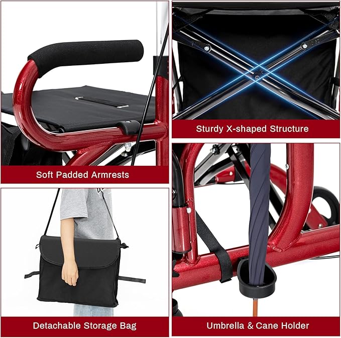 Goplus 2 in 1 Rollator Walker for Seniors, Medical Walker with Seat, Folding Transport Wheelchair Rollator with 8" Wheels, Reversible Backrest, Footrests, Aluminum Mobility Walking Aid
