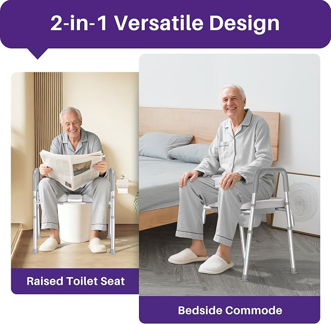 KEKOY Toilet Seat Risers for Seniors, Adjustable Size, Bedside Commode | Padded Elevated with Handles,Fits Most Heights Builds,Tool Free Install, Fits Most Round Elongated Toilets for Handicap, Grey
