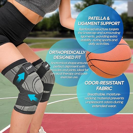 Caspe 2 Pack Knee Compression Sleeve with Strap – Knee Brace for Women & Men, Support for Running, Gym, Sports, Mild Arthritis, Pain Relief, Training, Daily Use (Gray, X-Large)