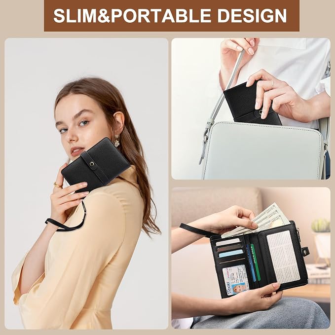 Small Wallet Women RFID Blocking Vegan Leather Slim Thin Bifold Credit Card Wallet Passport Holder Ladies Travel Wallet Mini Purse with Zipper Pocket