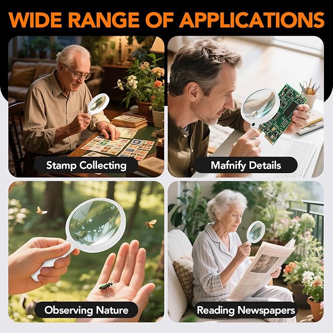 2000mAh Rechargeable Magnifying Glass with Light, 5X/10X Large Handheld Lighted Magnifier, 24 LEDs, 3 Light Modes, Reading Aid for Seniors & Low Vision (White)