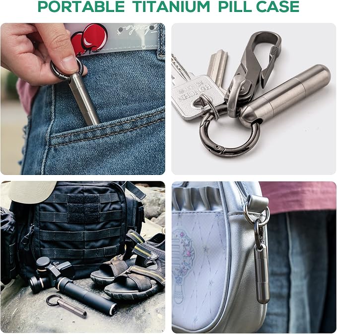 TISUR Small Keychain Pill Holder, Titanium Pill Case Waterproof Pill Fob for Travel Purse Pocket Pill Container Box,Small Pill Organizer | Waterproof Pill Fob,Portable Pill Box Container,Purse Pill Organizer Tube