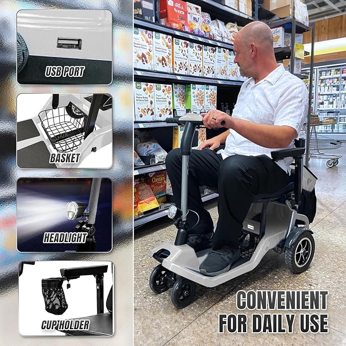 R3b-Mobility Scooters for Seniors Adults Ultra Lightweight 37.5 Ibs Electric Powered Folding 4 Wheel Mobility Scooter with Cup Holder, Compact & Convenient for Travel Airline Approved, White