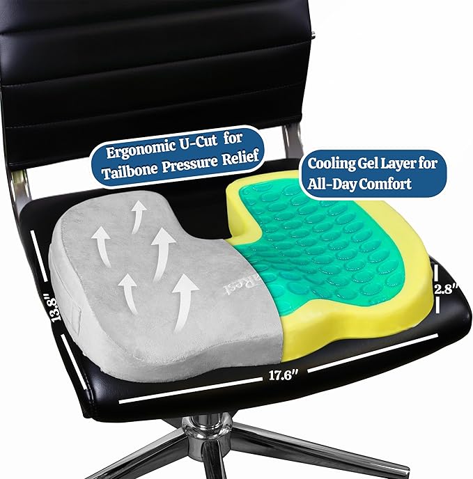 LuminaRest® Gel Seat Cushion for Long Sitting – Premium CertiPUR-US® Certified Memory Foam, Ergonomic Office Chair Cushion for Tailbone & Coccyx Pain Relief, Sciatica & Back Support – (Gray)