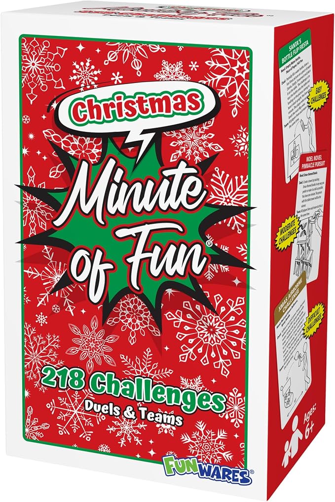 Funwares Minute of Fun Christmas Edition, 218 Challenges, 2-12 Players | Minute to Win It Style Holiday Games, You Provide Candy Canes, Stockings & Ornaments, 109 Cards, Christmas Party, Ages 8+