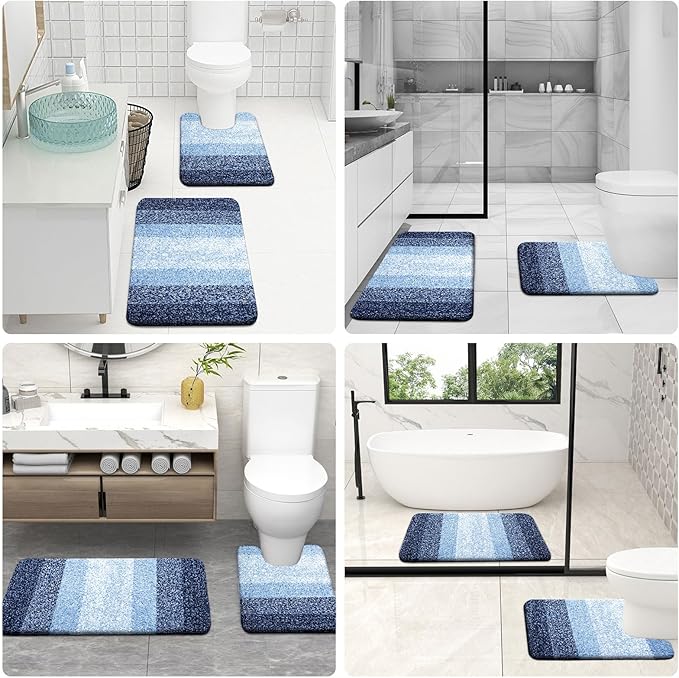 OLANLY Bathroom Rug Set 2 Piece, Soft Absorbent Microfiber Bath Mats and U-Shaped Contour Toilet Rug, Non-Slip, Machine Wash Dry, Plush Shaggy Bath Mats for Bathroom (30"x20"+U24 x20, Navy)