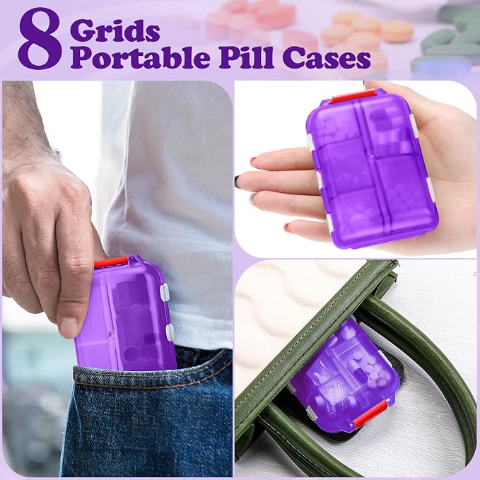 Meekoo 8 Pcs Travel Pill Organizer Pocket Portable Pill Case Daily Container Small Container Medicine Travel with 10 Compartments for Purse Fish Oil Medicine(Purple)