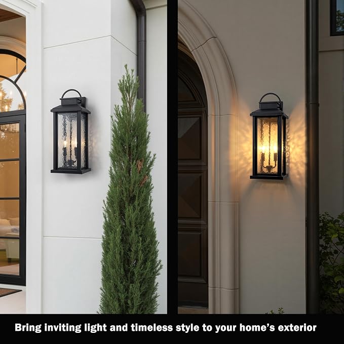 20 Inch Large Porch Lights Outdoor Wall Mounted Light | Matte Black, 2-Light Design, E12 Sockets, Water Glass, Hardwired, Waterproof Outdoor Light Fixture for House