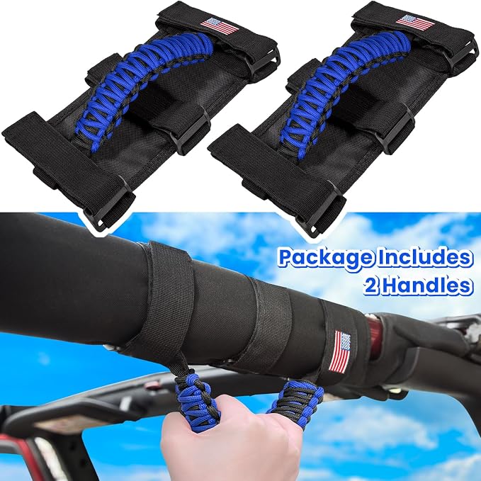Roll Bar Grab Handles Grip Handle for Jeep Wrangler JK JKU JL JLU TJ YJ Sport Sahara Freedom Rubicon Unlimited Gladiator JT 1955-2023 UTV ATV Accessories Premium Paracord US Flag (Blue 2 Pack)