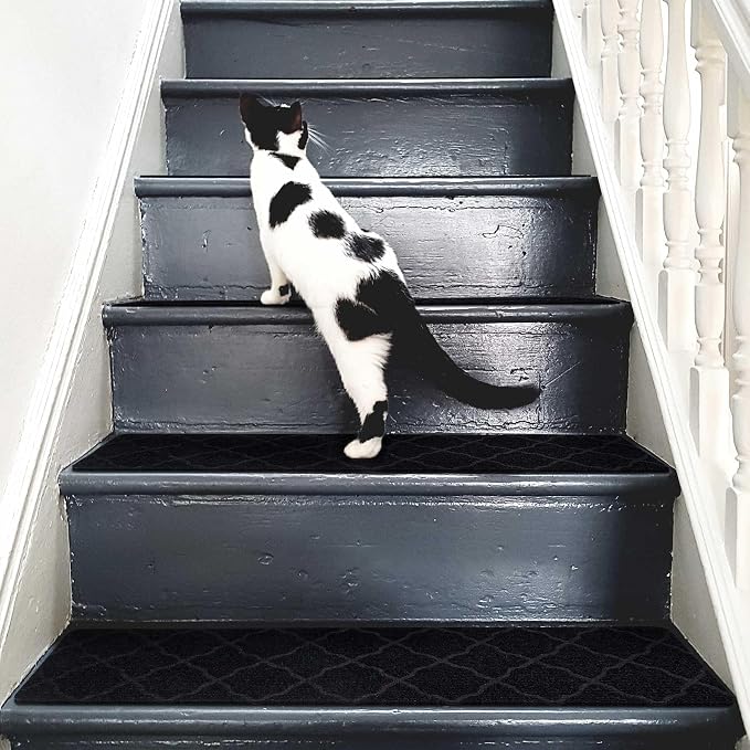 7 PCS Non Slip Stair Treads for Wooden Steps – 8"x30" Indoor Non Slip Stair Treads, Carpet Stair Mats with Self-Adhesive Backing, Removable & Machine Washable – Dark Grey Pattern