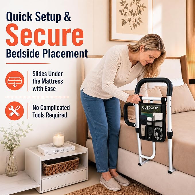 Bed Rails for Elderly, Bed Cane for Seniors, Latest ASTM Certified | 350lbs Support, Bed Cane with Side Handle, Storage Pouch, Non-Slip Padding, ASTM Approved