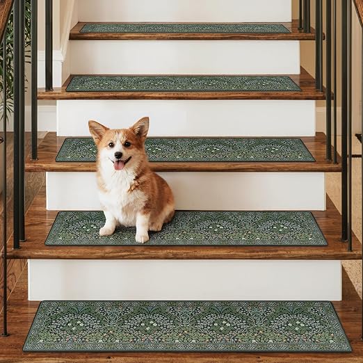 OJIA Non-Slip Stair Runner for Wooden Steps Indoor 15PC 30"x8" Stair Treads | Floral Carpet Stair Treads Stair Mats Staircase Step Treads for Kids, Elders and Dogs, Stair Covers, Green
