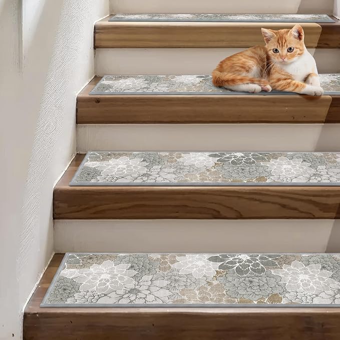 SARBEN 8"x30" Non Slip Stair Treads for Wooden Steps 15 Pack, Taupe Grey | Peel and Stick Carpet Stair Runner with TPE Adhesive Backing, Carpet for Added Safety, Pet and Senior Friendly