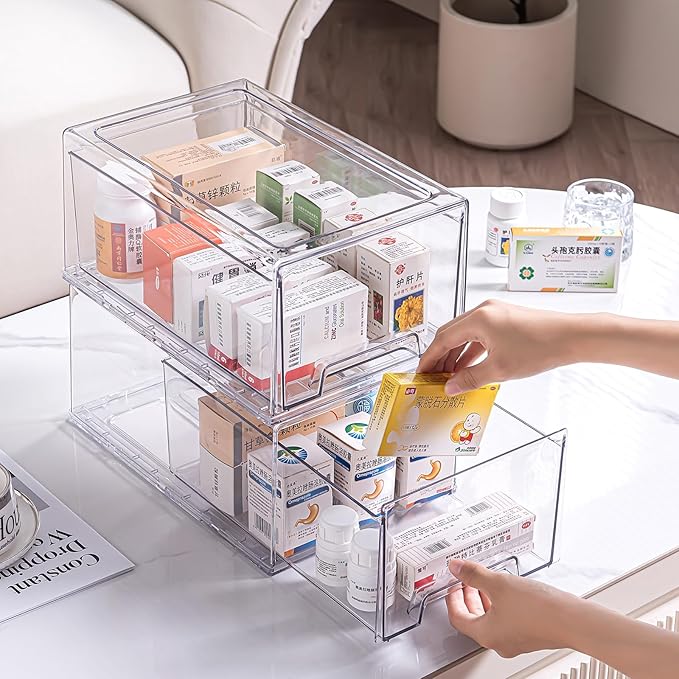 2 Pack Stackable Organizer Drawers, Clear Desk Storage Box,Transparent Drawer in Home, Office and Kitchen Pull Out Organizer Bins for Make Up, Pen, Desktop Stationary (2Extra Large)