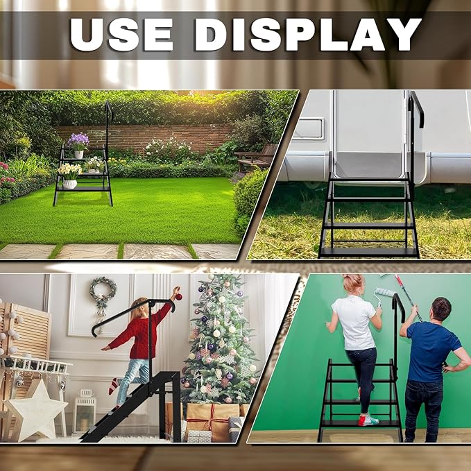 Step Ladder, Foldable Step Stool, 4 Step Folding RV Steps with Handrail, Camper Steps Outdoor, for Reaching High, Travel Trailer, Mobile Home, Spa