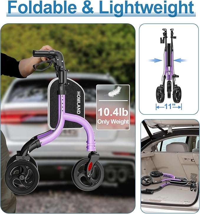 HOMLAND 3 Wheel Walkers for Seniors, FSA/HSA Eligible Foldable Wheeled Rollator with Cane Hold and Cup Hold, Lightweight Three Wheel Rolling Walker Height Adjustable for Seniors