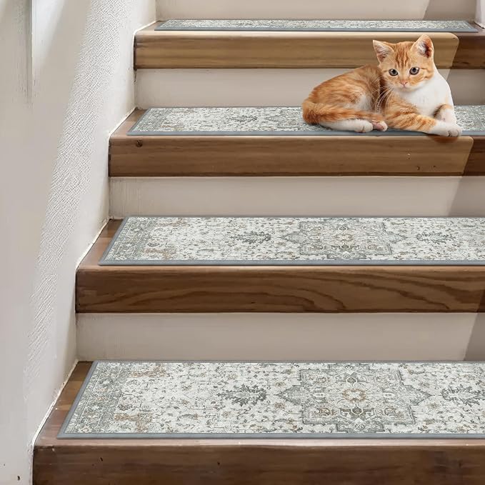 sarben 8"x30" Non Slip Stair Treads for Wooden Steps 7 Pack, Taupe | Peel and Stick Carpet Stair Runner with TPE Adhesive Backing, Carpet for Added Safety, Pet and Senior Friendly