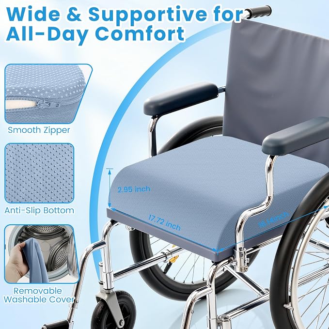 Wheelchair Seat Cushion for Pressure Relief, Cooling Gel Memory Foam Chair Cushion with Slope-Edge Design, Coccyx Support for Tailbone Pain, Non-Slip, for Wheelchairs, Office Chairs, Light Blue