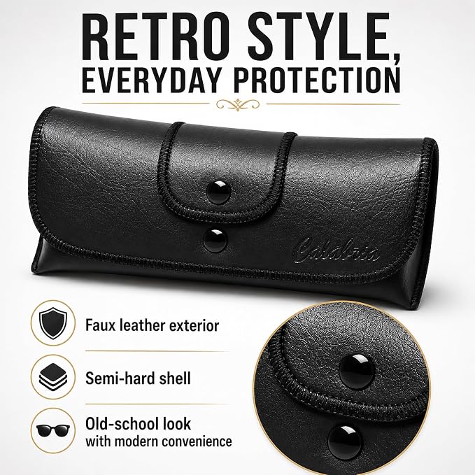 Calabria Double Snap Belt Loop Eyeglass Case PU Leather Black Brown 2Pack Vintage Eye Glasses Pouch SemiHard Sunglass Holder