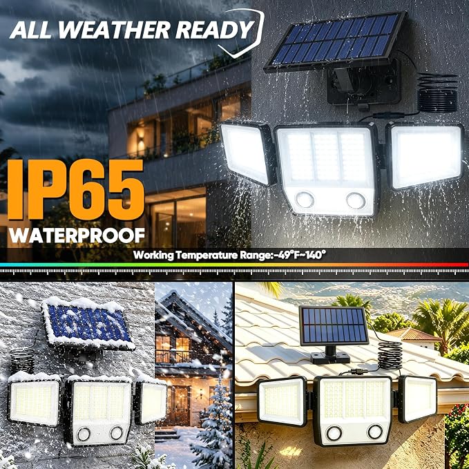 Split Solar Lights Outdoor Waterproof with Dual Motion Sensors - 15.7ft Cable 3000LM Solar Security Light for Garden Patio Pathway Fence, IP65 Waterproof Solar Flood Lights for Outside(White,1)