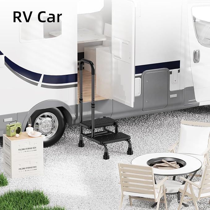 2 Step Stool with Handle for Seniors - Adjustable Handrail &Non-Skid Platform, Heavy Duty 2 Step Stool for Adults, Elderly, Foot Stool for Bedside, Kitchen, Car, Bathtub