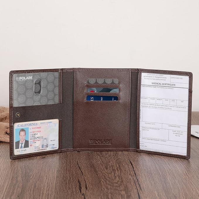 Polare Napa Leather Pilot Wallet Passport Holder RFID Blocking Tri-fold Travel Cover Document Organizer for Aviation Professionals (Coffee)