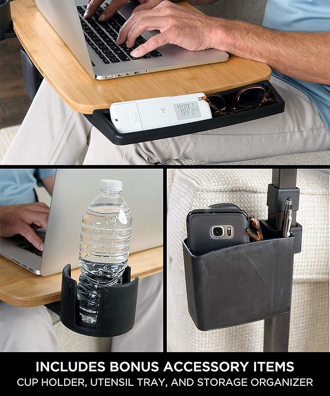 Signature Life Independence Tray Table, Bamboo Swivel TV-Tray, Adjustable Laptop-Table with Ergonomic Stand Assist Safety Handle, Independent Living Aid