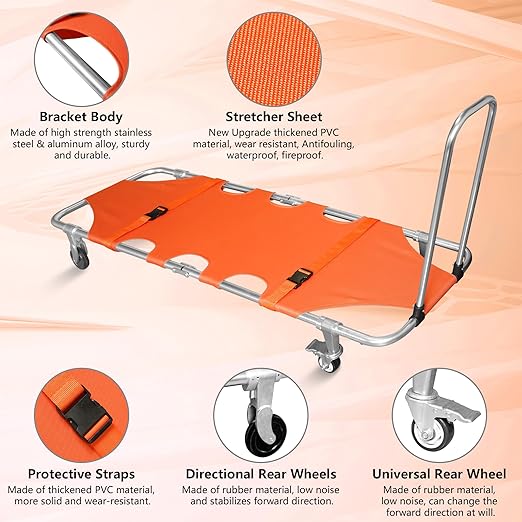 Folding Stretcher for Medical Emergency with Trolley 4 Wheels and Straps, Aluminum Alloy Portable Emergency Medical Stretcher for Hospital, Clinic, Home, Sports Venues, Ambulance