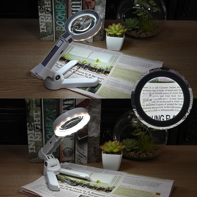 6X Rechargeable Magnifying Glass with 16 LED Light, Foldable Handheld Stand, Lightweight LED Magnifier for Reading Books/Newspaper/Small Print, Gifts for Mom Dad Grandma Grandpa Seniors