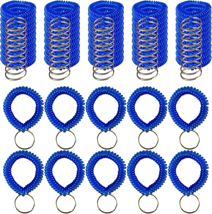10 Pieces Wrist Coil Keychain Spiral Key Ring, Clear Blue | Wristband Bracelet Key Holder for Pool Gym ID Badge