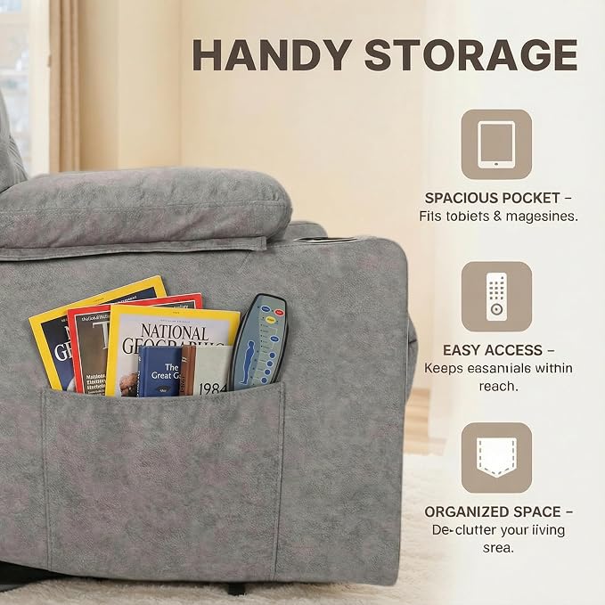 Electric Power Lift Recliner Chair for Elderly, Lift Recliner Chair with Massage and Lumbar Heat, 150° Reclining Chair with Cup Holders, Side Pockets and Remote Control, Ideal for Living Room (Grey)