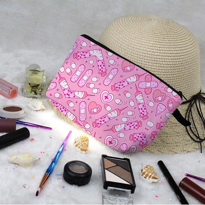 Livel lhood Pink Medical Supplies Small Makeup Zipper Bag | Pink Medical Supplies Printed Cosmetic Organizer Pouch, Medical Theme Gift for Women Friends