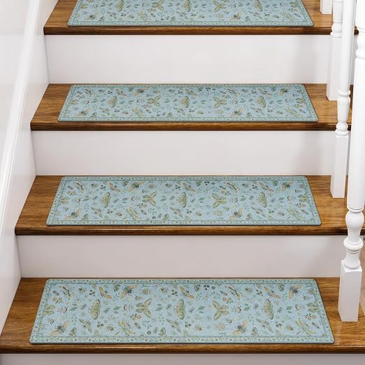 OJIA Insect Stair Treads Non-Slip Stair Runners for Wooden Steps 4PC 30"x8" | Indoor Stair Runner Carpet Stair Treads Mats Staircase Step Treads for Kids & Dogs, Stair Covers, Blue