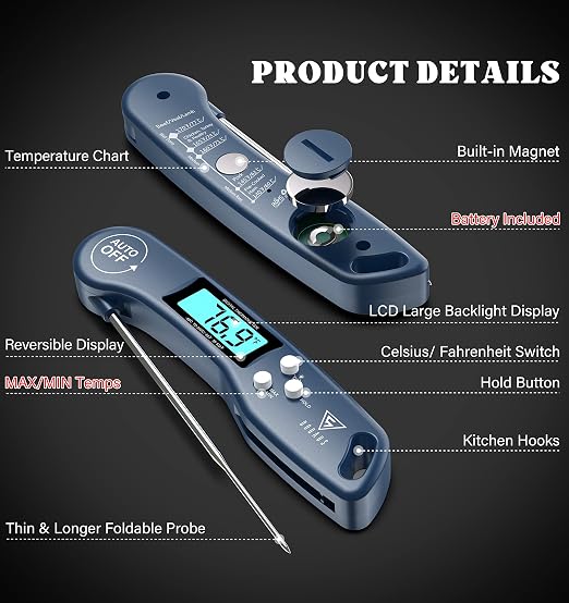 DOQAUS Meat Thermometer – Temperature Dial Thermometers for Cooking Backlight & Auto-Rotating Display, Kitchen Gadgets Essentials for BBQ Oven Grill Smoker Candy Blue