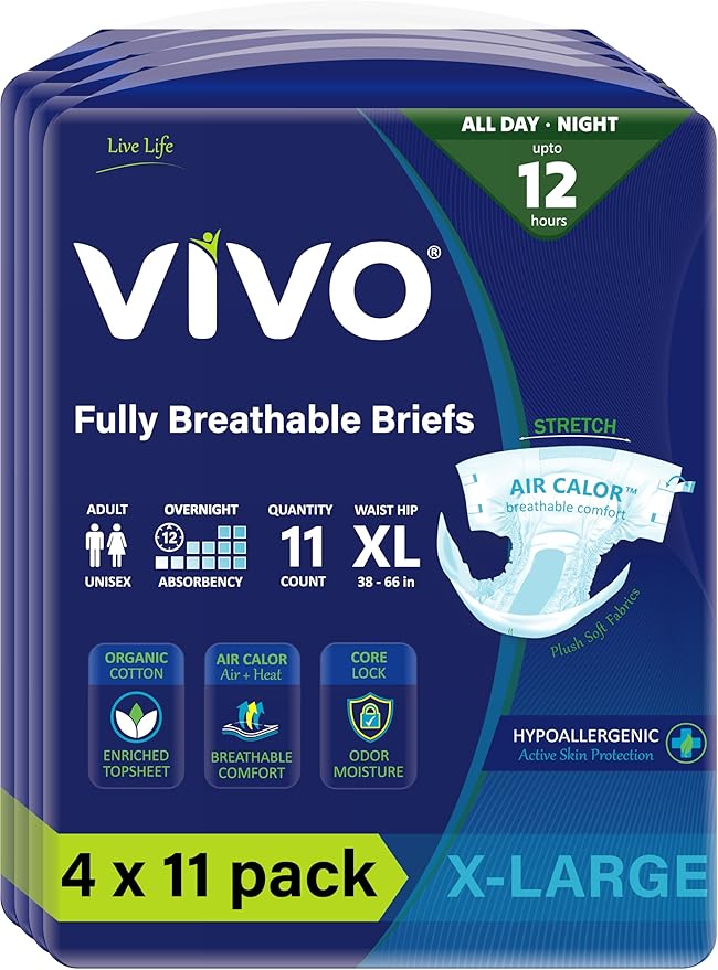 VIVO Organic Cotton Overnight Sensitive Skin Adult Incontinence Diaper Briefs with Tabs, X-Large 44 Count