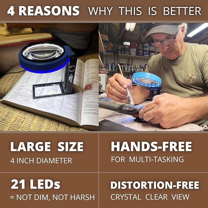 VisionAid Hands-Free Magnifying Glass with Stand, LED Lights, Loupe Handheld Illuminated Magnifier for Low Vision Seniors Coins Reading Jewelry