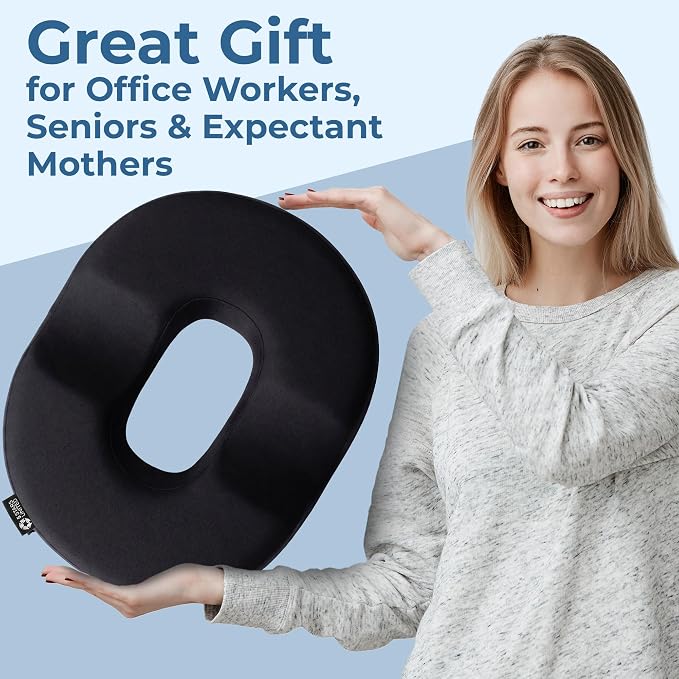 5 STARS UNITED Donut Pillow for Tailbone Pain & Hemorrhoids โ Large Memory Foam Seat Cushion for Bed Sore-Prone Areas & Pressure Relief โ Prostate, Postpartum & Pregnancy Support, Premium Black Suede